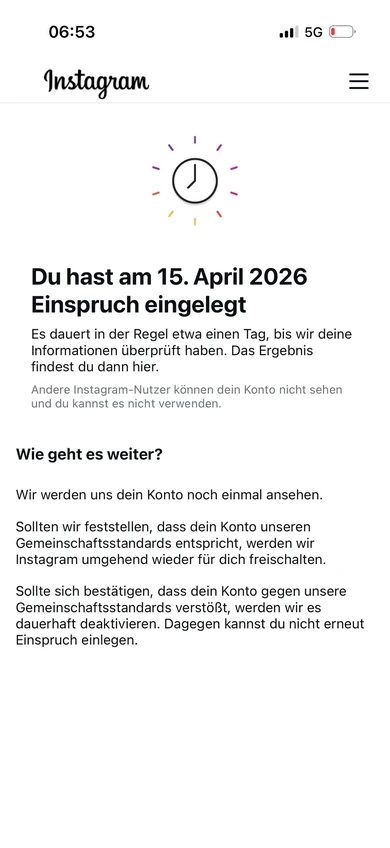 Instagram notice stating that an appeal was submitted on 15 April 2026 and information is under review.