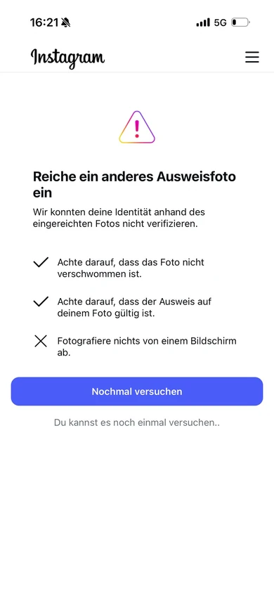 Instagram requests another identity photograph: clear, a valid document, and not photographed from a screen.