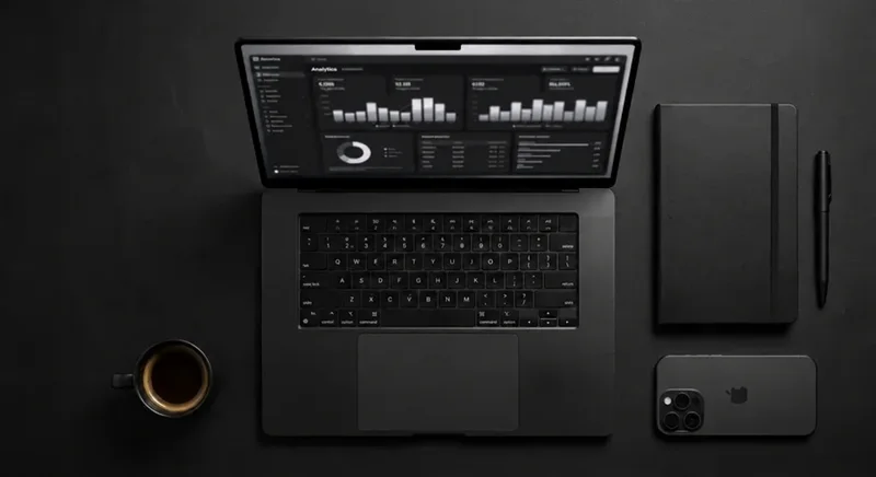 MacBook with a silver and gray analytics dashboard on a dark desk